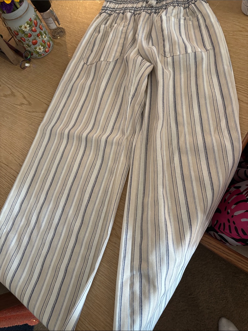 Striped Wide-Leg Linen Blend Pants - White with Navy Stripes